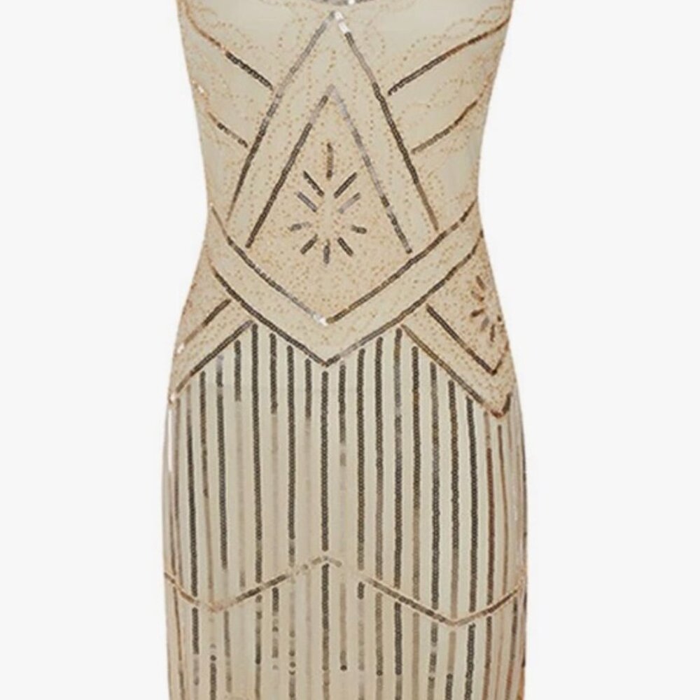 Unique Vintage 1920s Flapper Fringe Beaded Sequins Fringe Ivory dress Sz M #25 - Picture 2 of 6